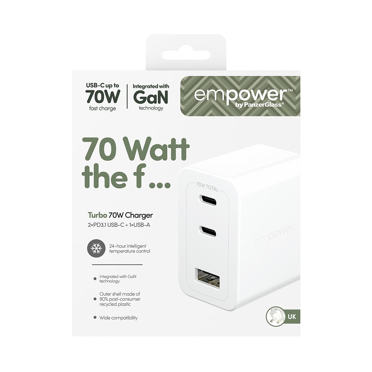 PanzerGlass Wall Charger Type C 70W EMPOWER, Multiple Ports 2x USB-C, 1x USB-A Fast Hi-Speed GAN Charging, MacBook Pro/Air, Laptop, Tablet, iPhone, Samsung, UK Plug, Silver White