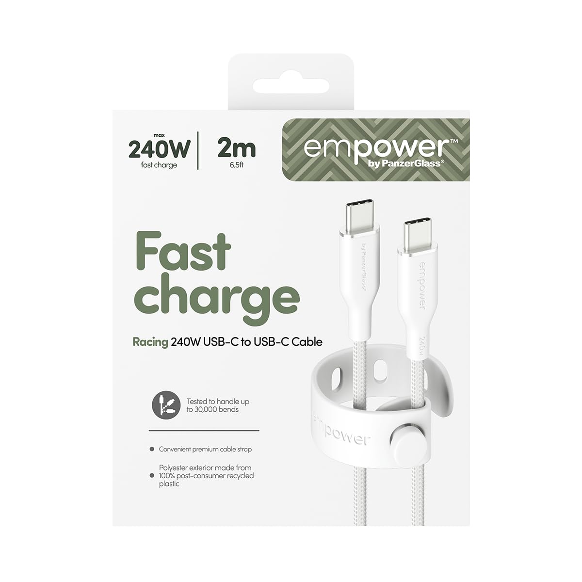 PanzerGlass USB C to USB C Cable 2m EMPOWER, 240W Ultra Fast Type-C Sync & Charge Heavy-Duty Braided Cable, for Macbooks, Laptops, Tablets, iPhone 17/16/15, iPads, Airpods, Silver White