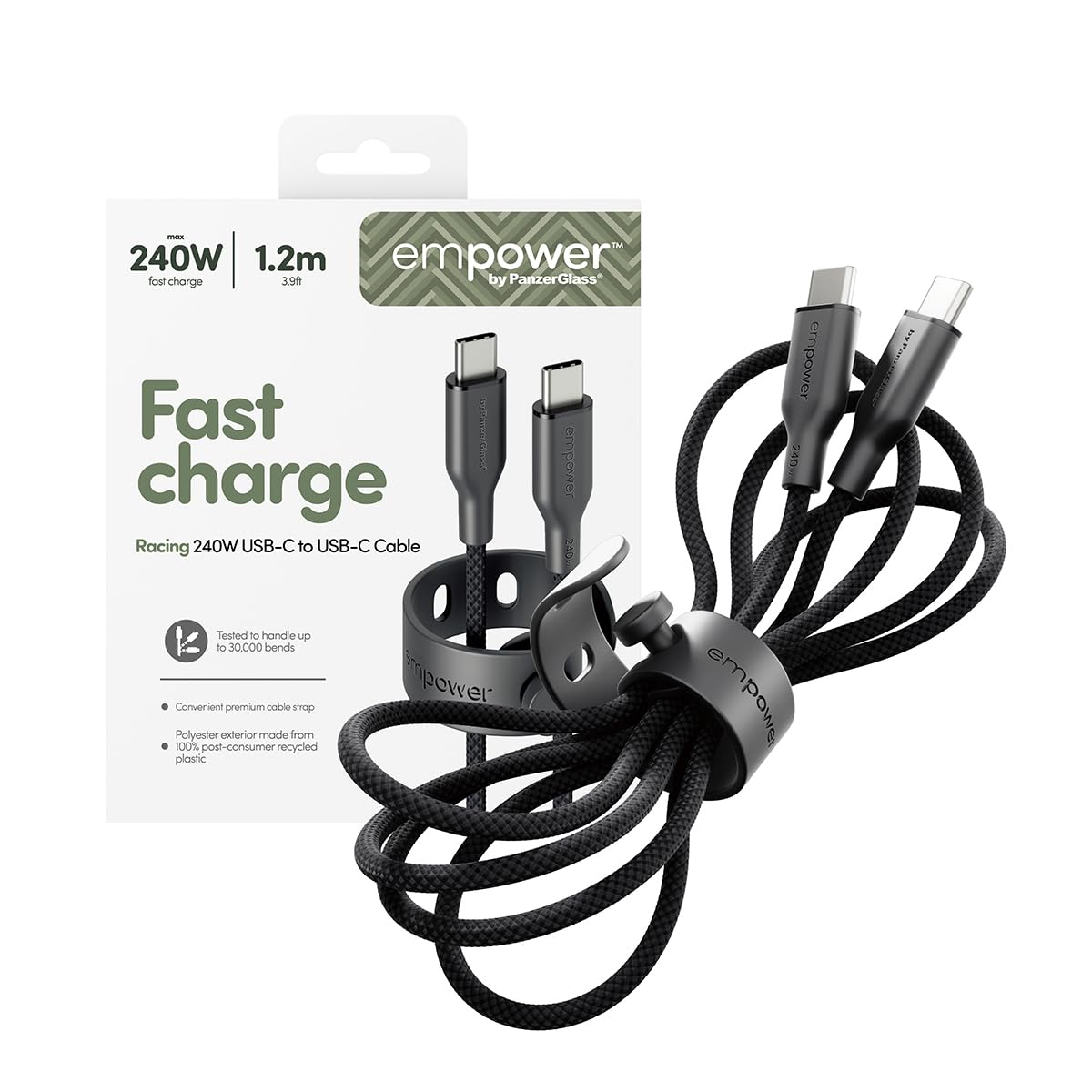 PanzerGlass USB C to USB C Cable 1.2m EMPOWER, 240W Ultra Fast Type-C Sync & Charge Heavy-Duty Braided Cable, for Macbooks, Laptops, Tablets, iPhone 17/16/15, iPads, Airpods, Space Black