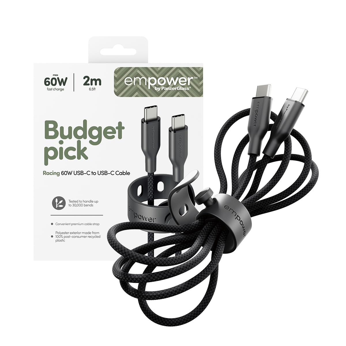 PanzerGlass USB C to USB C Cable 2m EMPOWER, 60W Fast Type-C Sync & Charge Heavy-Duty Braided Cable, for Macbooks, Laptops, Tablets, iPhone 17/16/15, iPads, Airpods, Space Black
