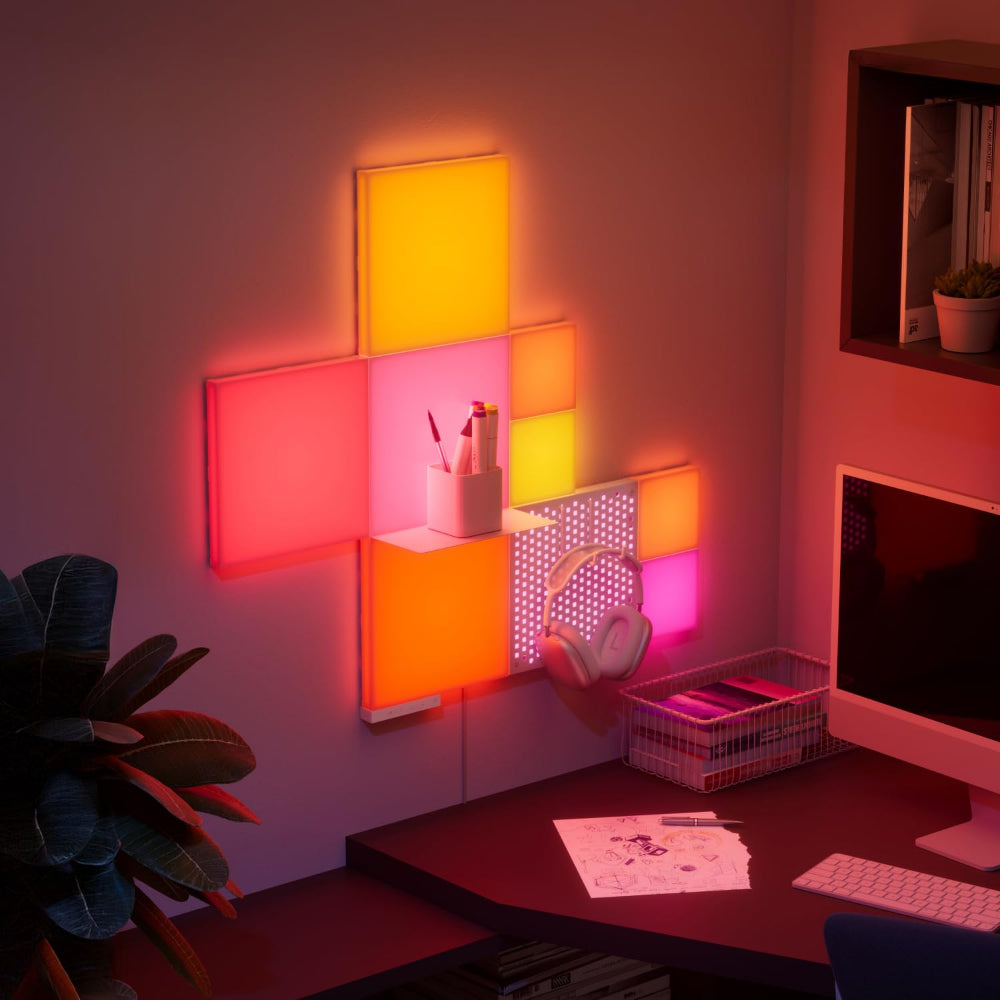 مجموعة نانوليف كومبو كبيرة الحجم (4 مربعات كبيرة، 4 مربعات صغيرة، لوح مقوى، رف) 10 قطع، لون أبيض