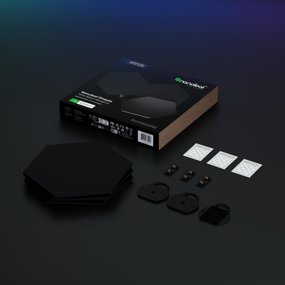 NANOLEAF Shapes Hexagons Ultra Black Expansion Pack - Smart WiFi LED Panel System w/ Music Visualizer - 3 Pack - Black - controller not included