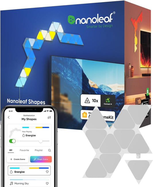 NANOLEAF Shapes Triangles Mini Expansion Pack - Smart WiFi LED Panel System w/ Music Visualizer - 10 Pack - White - controller not included