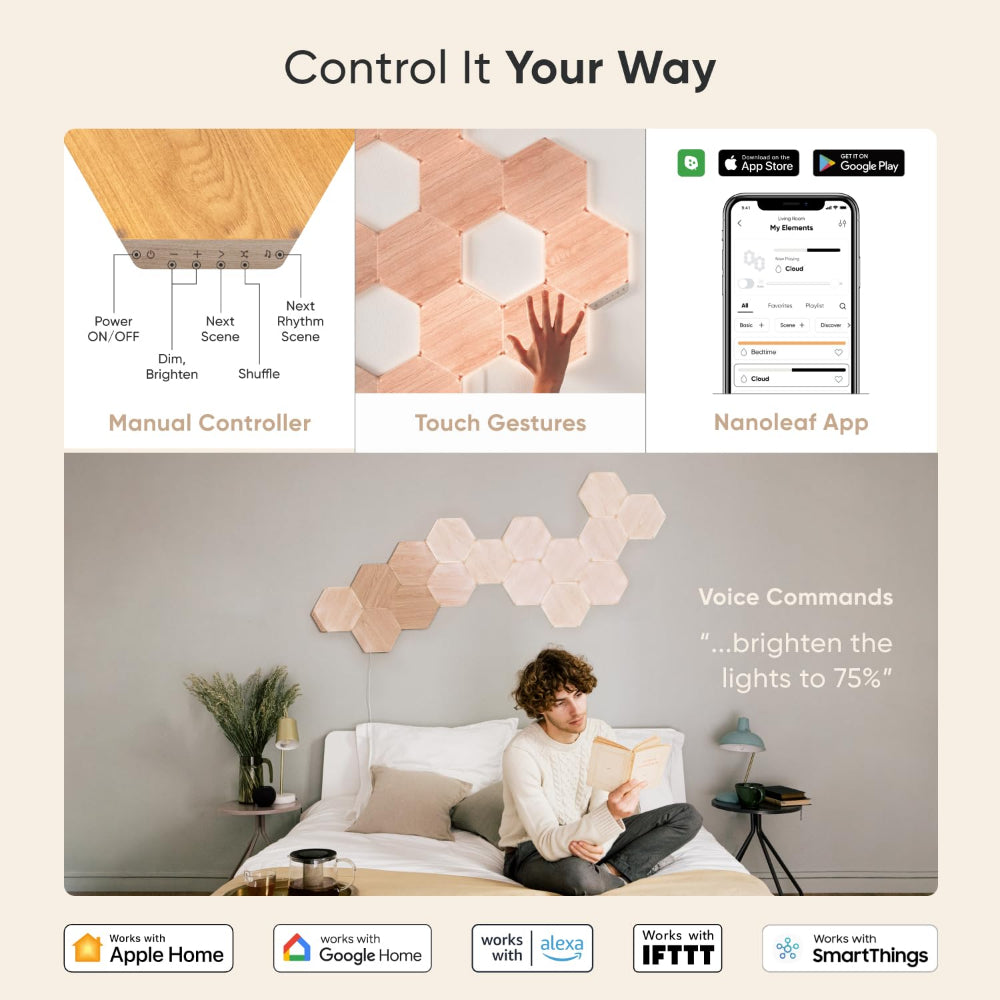 مجموعة توسعة نانوليف إيليمنتس هيكساغونز بنمط خشب البتولا - نظام لوحة LED ذكي يعمل بتقنية الواي فاي مع مُحلل موسيقي مرئي - عبوة من 3 قطع 