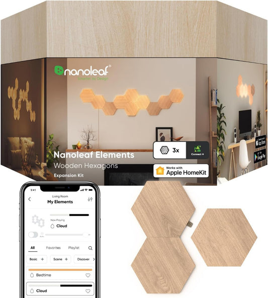 NANOLEAF Elements Hexagons Expansion Pack Birchwood - Smart WiFi LED Panel System w/ Music Visualizer - 3 Pack