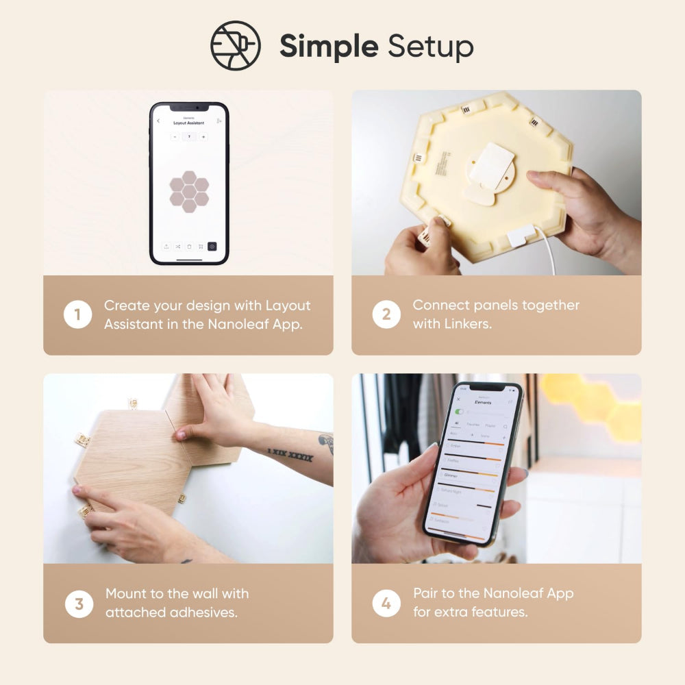 مجموعة توسعة نانوليف إيليمنتس هيكساغونز بنمط خشب البتولا - نظام لوحة LED ذكي يعمل بتقنية الواي فاي مع مُحلل موسيقي مرئي - عبوة من 3 قطع 