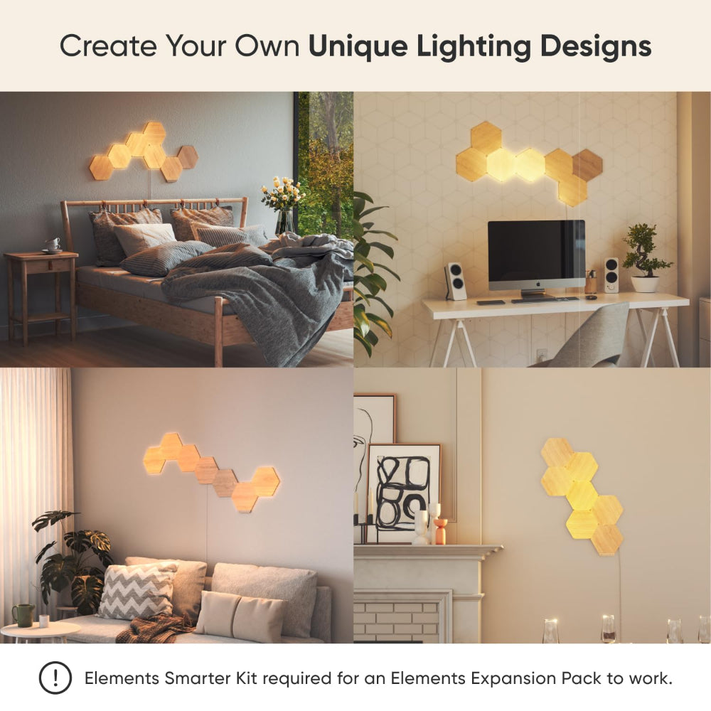 مجموعة توسعة نانوليف إيليمنتس هيكساغونز بنمط خشب البتولا - نظام لوحة LED ذكي يعمل بتقنية الواي فاي مع مُحلل موسيقي مرئي - عبوة من 3 قطع 