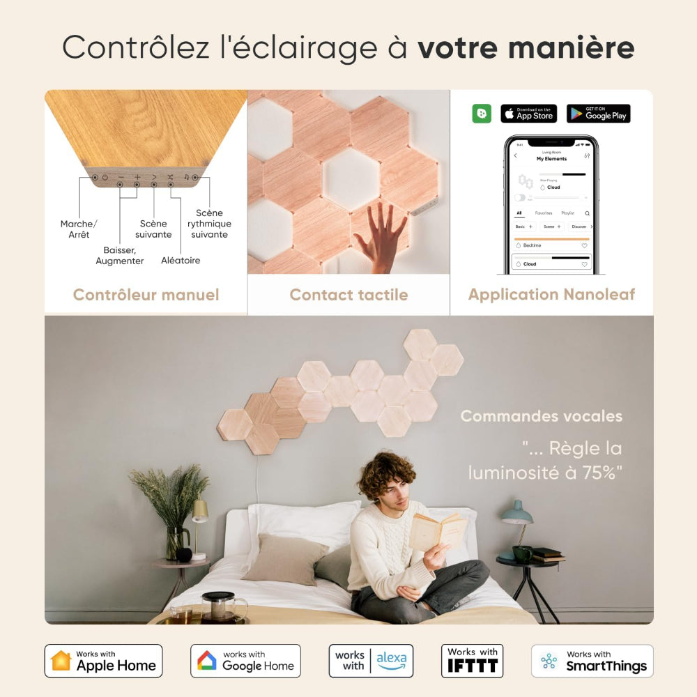 مجموعة نانوليف إيليمنتس هيكساغونز للمبتدئين - نظام لوحة LED ذكي يعمل بتقنية الواي فاي مع مُحلل موسيقي مرئي - عبوة من 7 قطع