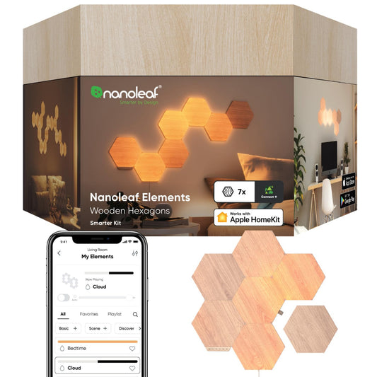 NANOLEAF Elements Hexagons Starter Kit Birchwood - Smart WiFi LED Panel System w/ Music Visualizer - 7 Pack