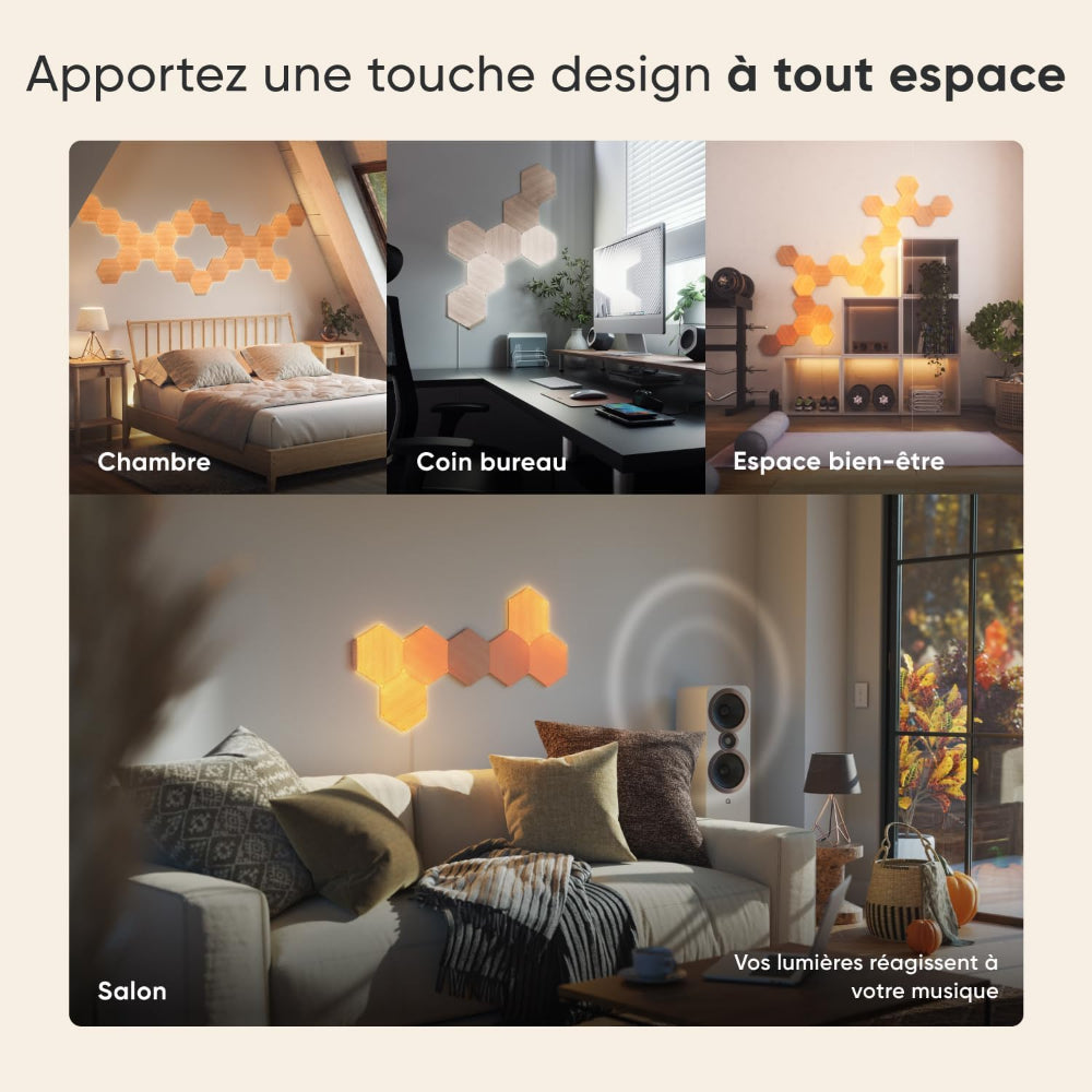 مجموعة نانوليف إيليمنتس هيكساغونز للمبتدئين - نظام لوحة LED ذكي يعمل بتقنية الواي فاي مع مُحلل موسيقي مرئي - عبوة من 7 قطع