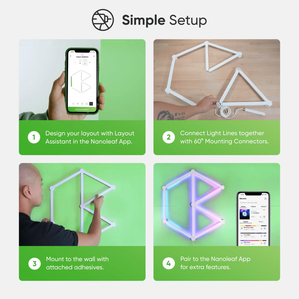 مجموعة NANOLEAF Lines Starter Kit - نظام لوحة LED ذكي يعمل بتقنية WiFi مع مُحلل موسيقي مرئي - عبوة من 9 قطع - أبيض