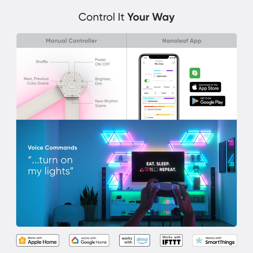 مجموعة NANOLEAF Lines Starter Kit - نظام لوحة LED ذكي يعمل بتقنية WiFi مع مُحلل موسيقي مرئي - عبوة من 9 قطع - أبيض