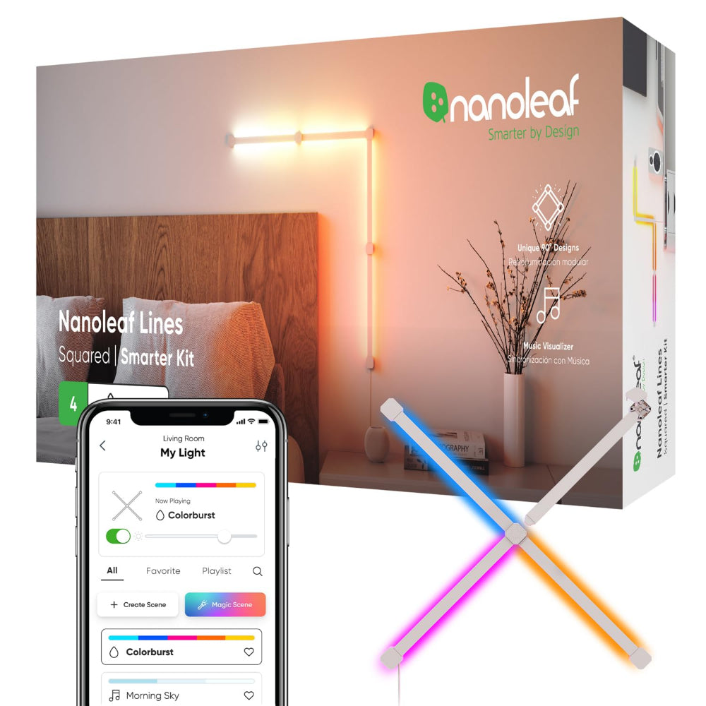 مجموعة NANOLEAF Lines Squared Starter Kit - نظام لوحة LED ذكي يعمل بتقنية الواي فاي مع مُحلل موسيقي مرئي - عبوة من 4 قطع - أبيض