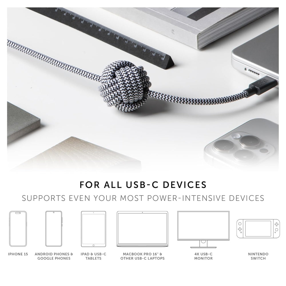 Native Union Anchor USB-C to USB-C Cable 240W| Ultra-Fast Extra-Long 3m/10ft Recycled Charging Cable, Rugged Heavy Duty Design, Adjustable Weighted Knot Design - Cosmos