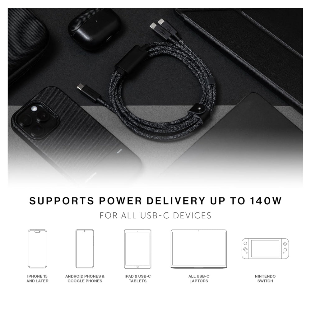 Native Union Belt Cable 2m | 2-in-1 USB-C to USB-C & USB-C Cable (140W), Fast Charge 2x devices with 1x cable, for Macbook Air/Pro, Laptops, Tablets, Smartphones, Headphones - Cosmos