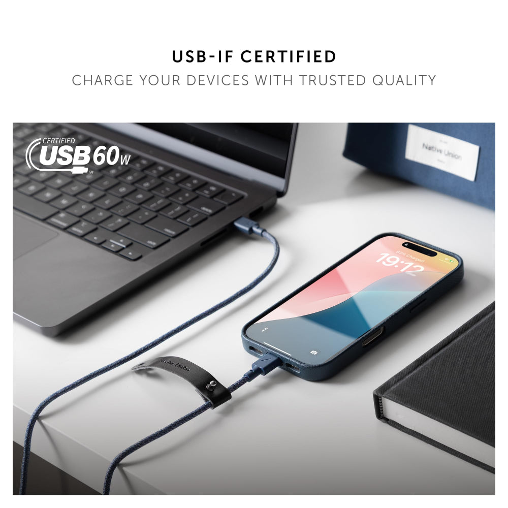 Native Union Belt Cable USB-C to USB-C 1.2m, Fast Charging Cable with Integrated Strap, for iPhones, iPad, Samsung, and USB-C devices Navy