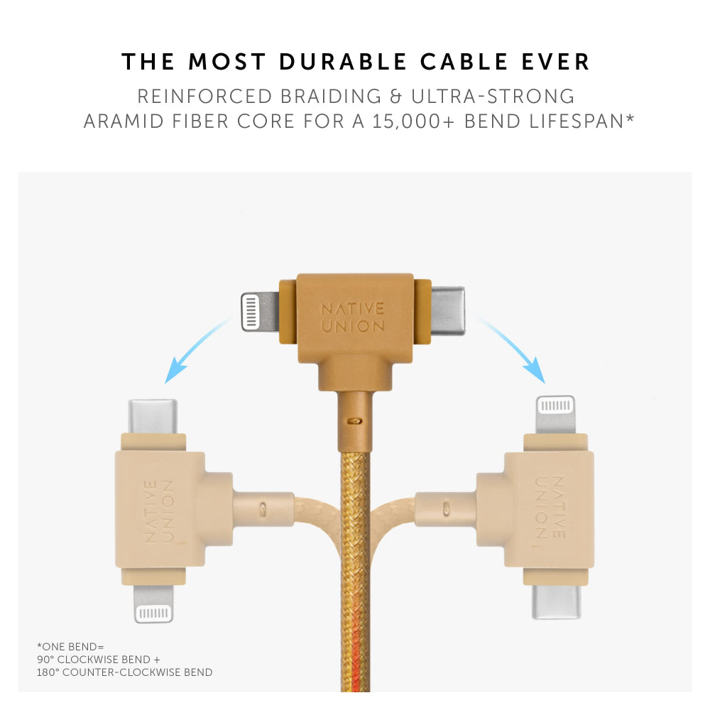 Native Union BELT DUO USB-C to C+LIGHTNING Cable 1.5M - Universal Charging Cable, w/ Leather Strap, for Apple iPhone 14/13/12/Pro/Max, 11/Pro/Max, XS/XR/X/Max, 8/8 Plus, iPad Air/Pro, Airpods - Kraft