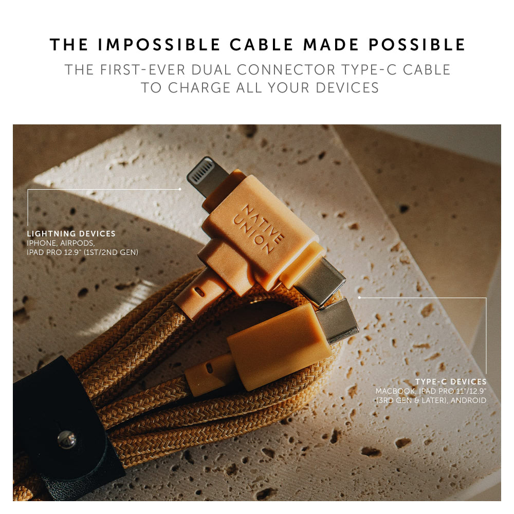 Native Union BELT DUO USB-C to C+LIGHTNING Cable 1.5M - Universal Charging Cable, w/ Leather Strap, for Apple iPhone 14/13/12/Pro/Max, 11/Pro/Max, XS/XR/X/Max, 8/8 Plus, iPad Air/Pro, Airpods - Kraft