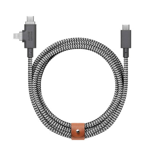 Native Union BELT DUO PRO 240W USB-C to C+LIGHTNING 2.4M - Universal Charging Cable w/ Leather Strap, for Apple MacBook Pro/Air, iPad Pro/Air, iPhone15/14/13/12 S24/23, Airpods, Type-C Devices - Zebra