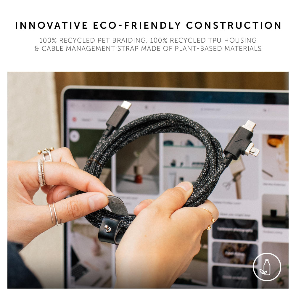 Native Union BELT DUO PRO 240W USB-C to C+LIGHTNING 2.4M - Universal Charging Cable w/ Leather Strap, for Apple MacBook Pro/Air, iPad Pro/Air, iPhone15/14/13/12 S24/23, Airpods, Type-C Devices - Zebra