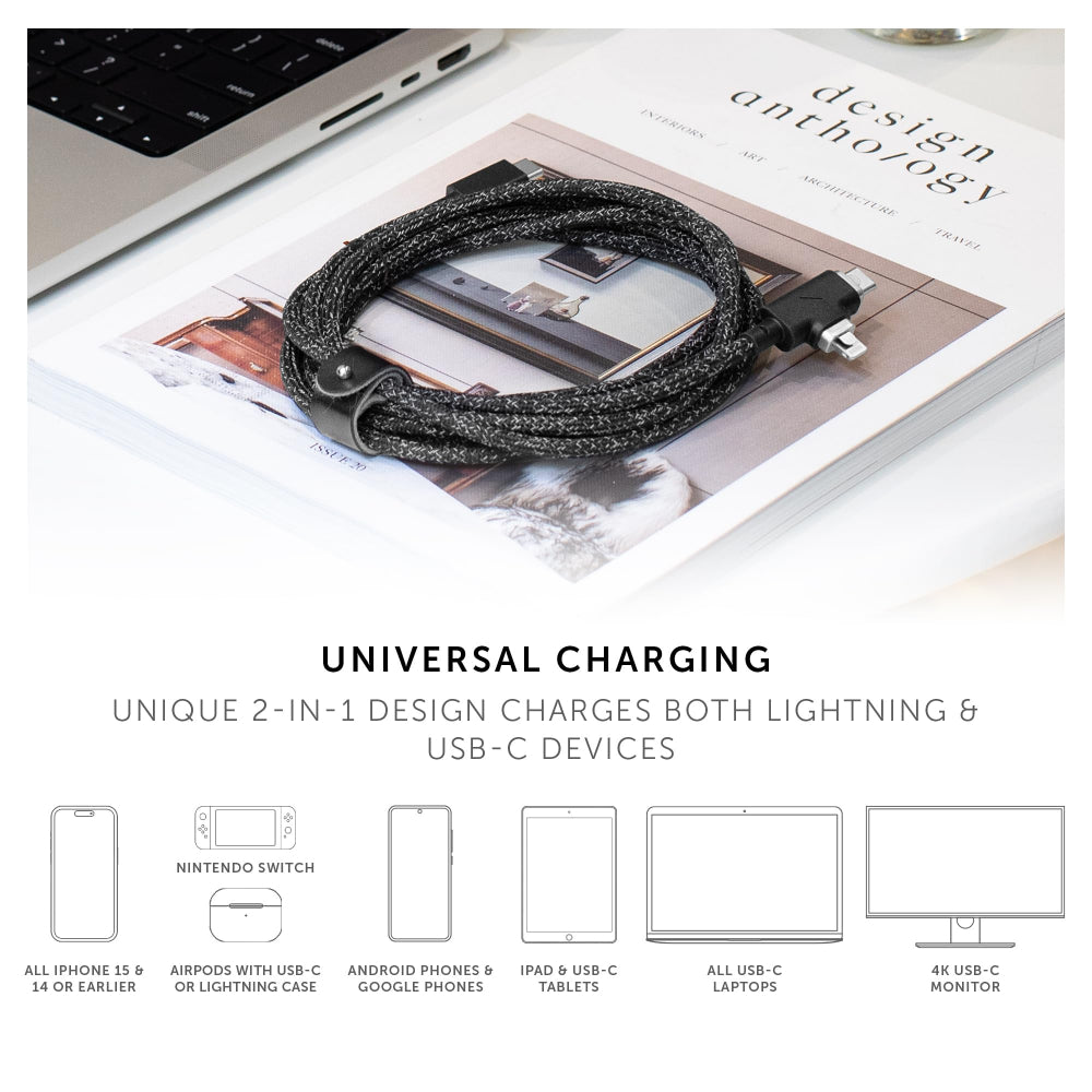 Native Union BELT DUO PRO 240W USB-C to C+LIGHTNING 2.4M - Universal Charging Cable w/ Leather Strap, for Apple MacBook Pro/Air, iPad Pro/Air, iPhone15/14/13/12 S24/23, Airpods, Type-C Devices - Zebra