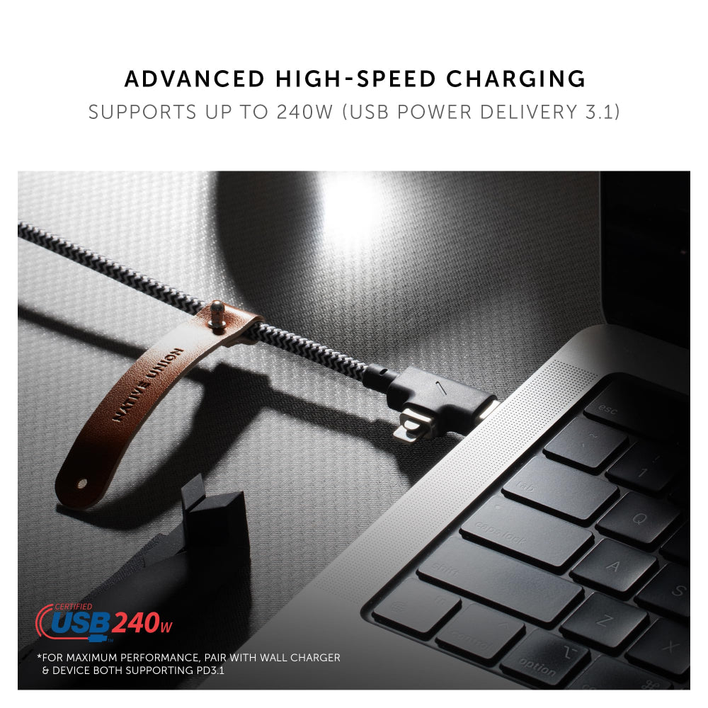 Native Union BELT DUO PRO 240W USB-C to C+LIGHTNING 2.4M - Universal Charging Cable w/ Leather Strap, for Apple MacBook Pro/Air, iPad Pro/Air, iPhone15/14/13/12 S24/23, Airpods, Type-C Devices - Zebra
