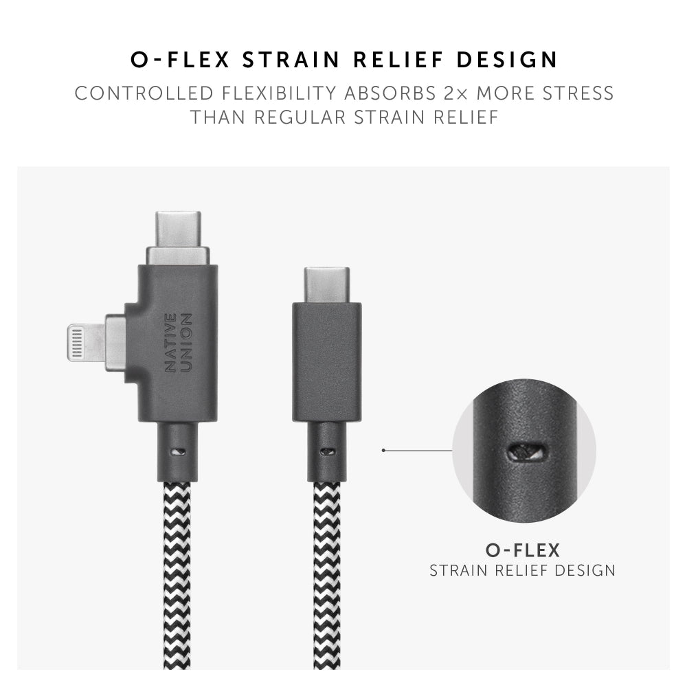 Native Union BELT DUO PRO 240W USB-C to C+LIGHTNING 2.4M - Universal Charging Cable w/ Leather Strap, for Apple MacBook Pro/Air, iPad Pro/Air, iPhone15/14/13/12 S24/23, Airpods, Type-C Devices - Zebra