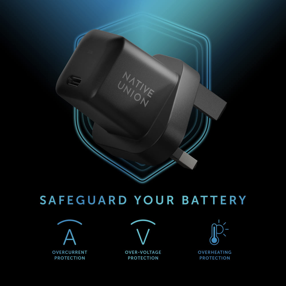 Native Union Fast GaN Charger PD 30W| USB-C Ultra Portable charger, Drop Protection, Great for Travel, Multi Plugs (EU/UK/US) for Apple iPhone, iPads, MacBook Air, Android, Samsung - Black