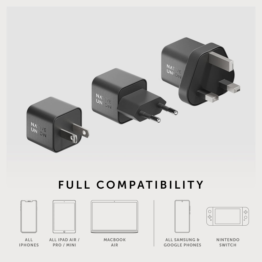 Native Union Fast GaN Charger PD 30W| USB-C Ultra Portable charger, Drop Protection, Great for Travel, Multi Plugs (EU/UK/US) for Apple iPhone, iPads, MacBook Air, Android, Samsung - Black