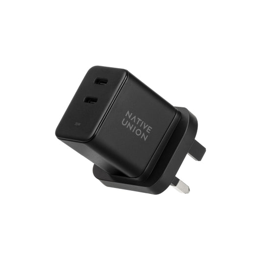 Native Union Fast GaN Charger PD 35W| Dual USB-C Portable Multi charger, Smart Power Distribution, Multi Plugs for Travel (EU/UK/US) for Apple iPhone, iPads, MacBook Air, Android, Samsung - Black