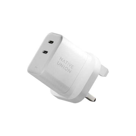 Native Union Fast GaN Charger PD 35W| Dual USB-C Portable Multi charger, Smart Power Distribution, Multi Plugs for Travel (EU/UK/US) for Apple iPhone, iPads, MacBook Air, Android, Samsung - White