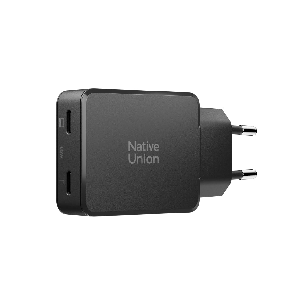 Native Union Pocket GaN Charger PD 65W USB-C Dual Port Fast Charger, Ultra-Slim Travel Wall Adapter for Laptop, Tablet & Phone, Power Delivery GaN Charging, Compact Pocket Design (EU Plug) - Black