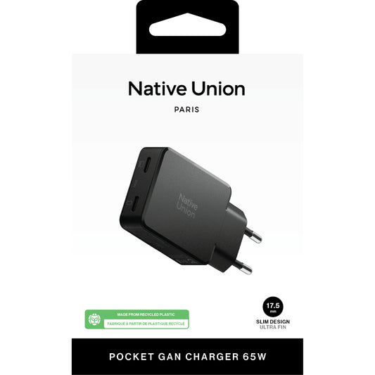 Native Union Pocket GaN Charger PD 65W USB-C Dual Port Fast Charger, Ultra-Slim Travel Wall Adapter for Laptop, Tablet & Phone, Power Delivery GaN Charging, Compact Pocket Design (EU Plug) - Black