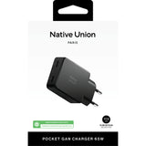 Native Union Pocket GaN Charger PD 65W USB-C Dual Port Fast Charger, Ultra-Slim Travel Wall Adapter for Laptop, Tablet & Phone, Power Delivery GaN Charging, Compact Pocket Design (EU Plug) - Black