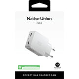 Native Union Pocket GaN Charger PD 65W USB-C Dual Port Fast Charger, Ultra-Slim Travel Wall Adapter for Laptop, Tablet & Phone, Power Delivery GaN Charging, Compact Pocket Design (EU Plug) - White