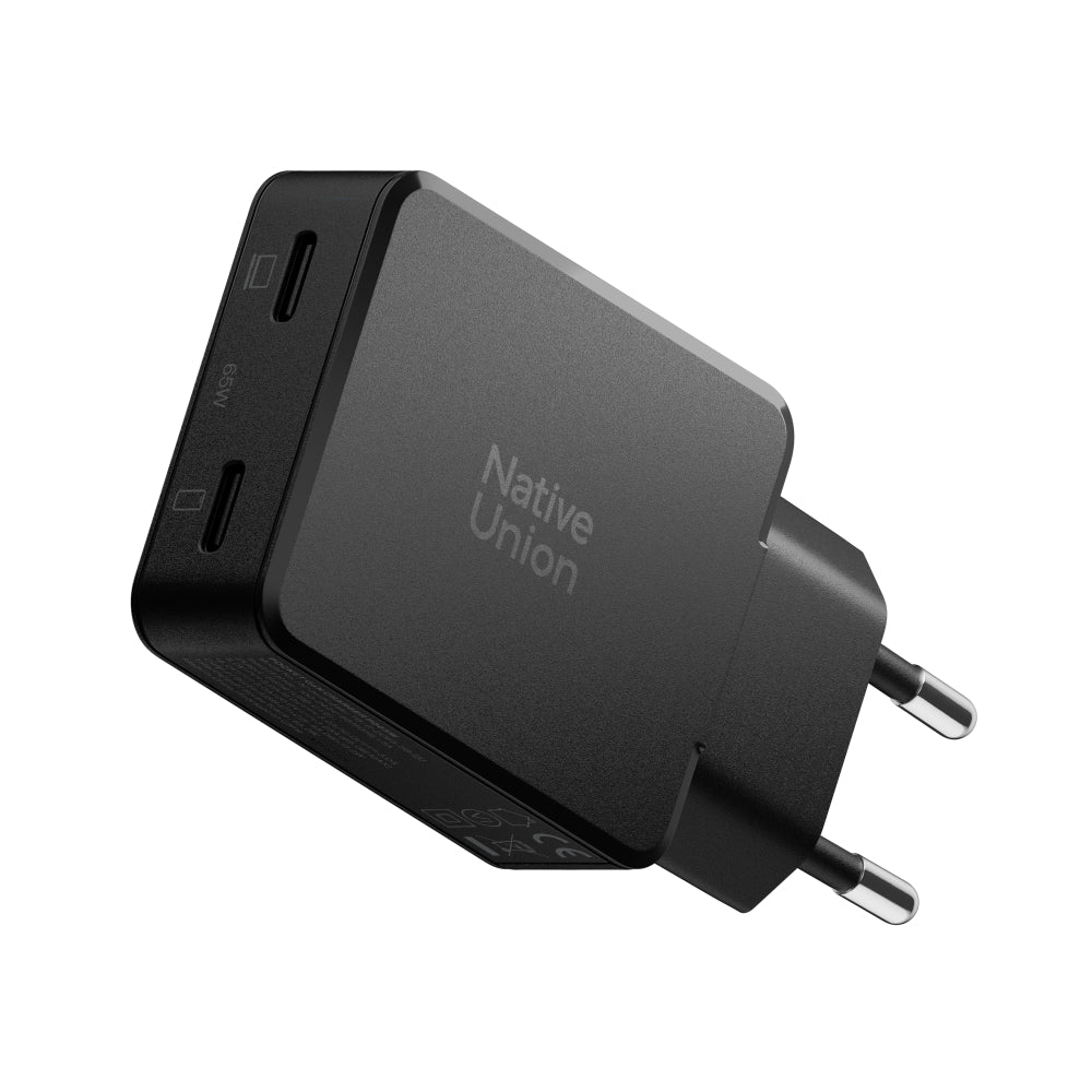 Native Union Pocket GaN Charger PD 65W USB-C Dual Port Fast Charger, Ultra-Slim Travel Wall Adapter for Laptop, Tablet & Phone, Power Delivery GaN Charging, Compact Pocket Design (EU Plug) - Black
