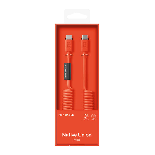 Native Union POP Cable USB-C to USB-C Retractable Charging Cable, 60W Fast Charge, Coiled Tangle-Free Design, Stretchable up to 4ft, Durable 30,000 Bends for iPhone 15, iPad, MacBook & More - Alarm Red