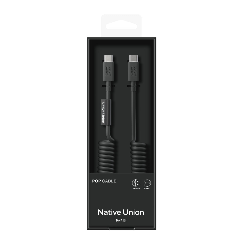 Native Union POP Cable USB-C to USB-C Retractable Charging Cable, 60W Fast Charge, Coiled Tangle-Free Design, Stretchable up to 4ft, Durable 30,000 Bends for iPhone 15, iPad, MacBook & More - Black