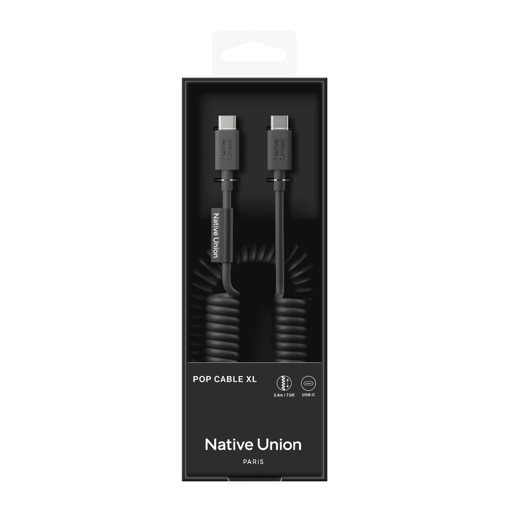 Native Union POP Cable XL USB-C to USB-C Retractable Charging Cable, 60W Fast Charge, Coiled Tangle-Free Design, Stretchable up to 7.9ft, Durable 30,000 Bends for iPhone 15, iPad, MacBook & More - Black