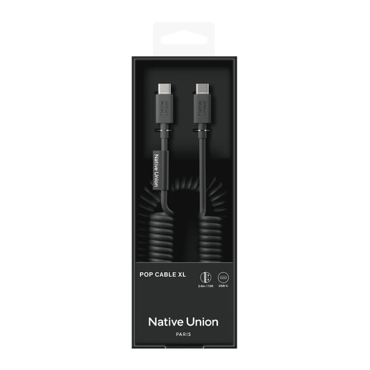 Native Union POP Cable XL USB-C to USB-C Retractable Charging Cable, 60W Fast Charge, Coiled Tangle-Free Design, Stretchable up to 7.9ft, Durable 30,000 Bends for iPhone 15, iPad, MacBook & More - Black
