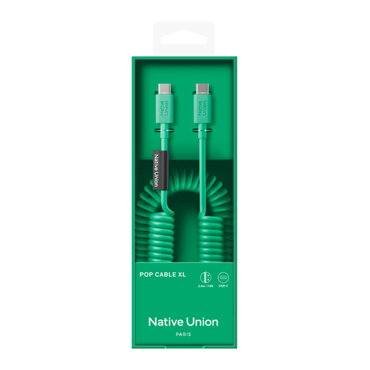 Native Union POP Cable XL USB-C to USB-C Retractable Charging Cable, 60W Fast Charge, Coiled Tangle-Free Design, Stretchable up to 7.9ft, Durable 30,000 Bends for iPhone 15, iPad, MacBook & More - Pine