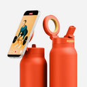 RINGO PRO Water Bottle with Sip Straw Lid| Stainless Steel Hydration Bottle w/ Integrated Magnetic Phone Mount, 12Hrs Hot/24Hrs Cold, BPA-Free, Works w/ Phones & Tablets - Orange 24Oz / 710ml