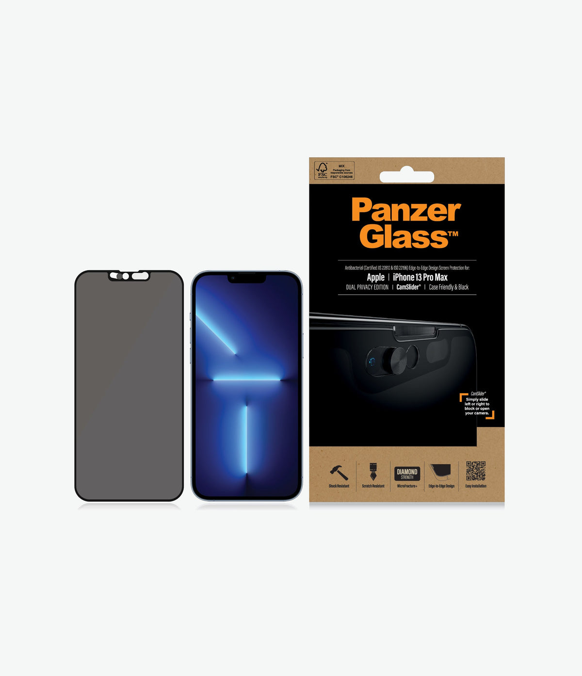 [OPEN BOX] PANZERGLASS iPhone 13 Pro Max - Cam Slider Black Frame Screen Protector - Privacy