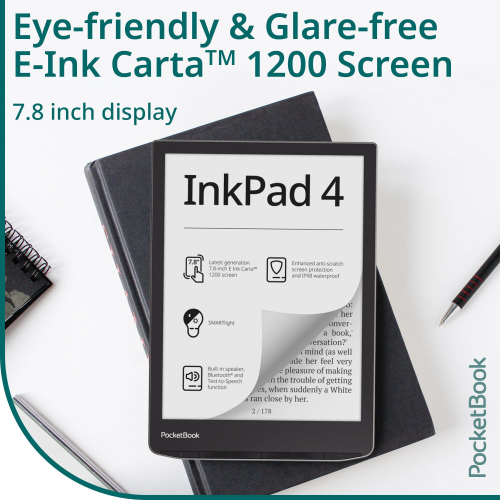 PocketBook InkPad 4 Eye-Friendly Audio & E-Book Reader Large 7.8? E-Ink Display Anti-Scratch Protection Text-to-Speech Function Bluetooth Built-in Speaker SMARTlight IPX8 Waterproof?Stardust Silver