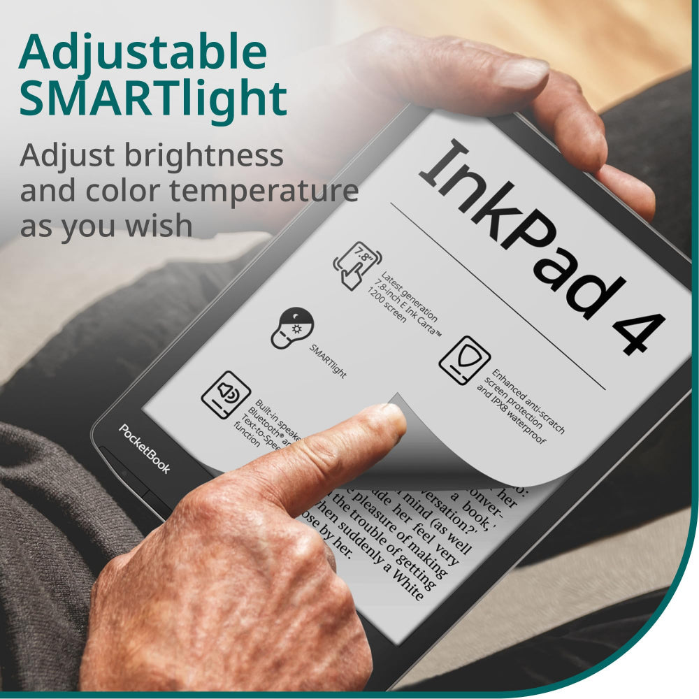 PocketBook InkPad 4 Eye-Friendly Audio & E-Book Reader Large 7.8? E-Ink Display Anti-Scratch Protection Text-to-Speech Function Bluetooth Built-in Speaker SMARTlight IPX8 Waterproof?Stardust Silver