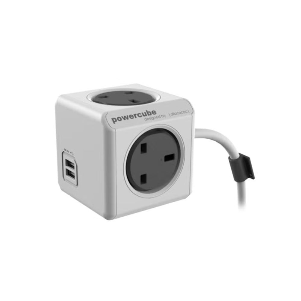 [OPEN BOX] ALLOCACOC PowerCube Extended USB Port Power Socket UK - 1.5 Metre Extension Lead - Mounting Dock Included -Grey
