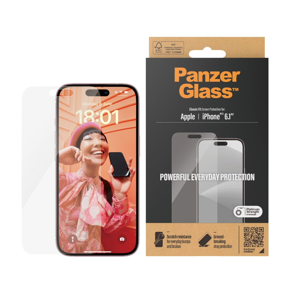 [OPEN BOX] PANZERGLASS iPhone 15 Classic Fit Screen Protector - Clear