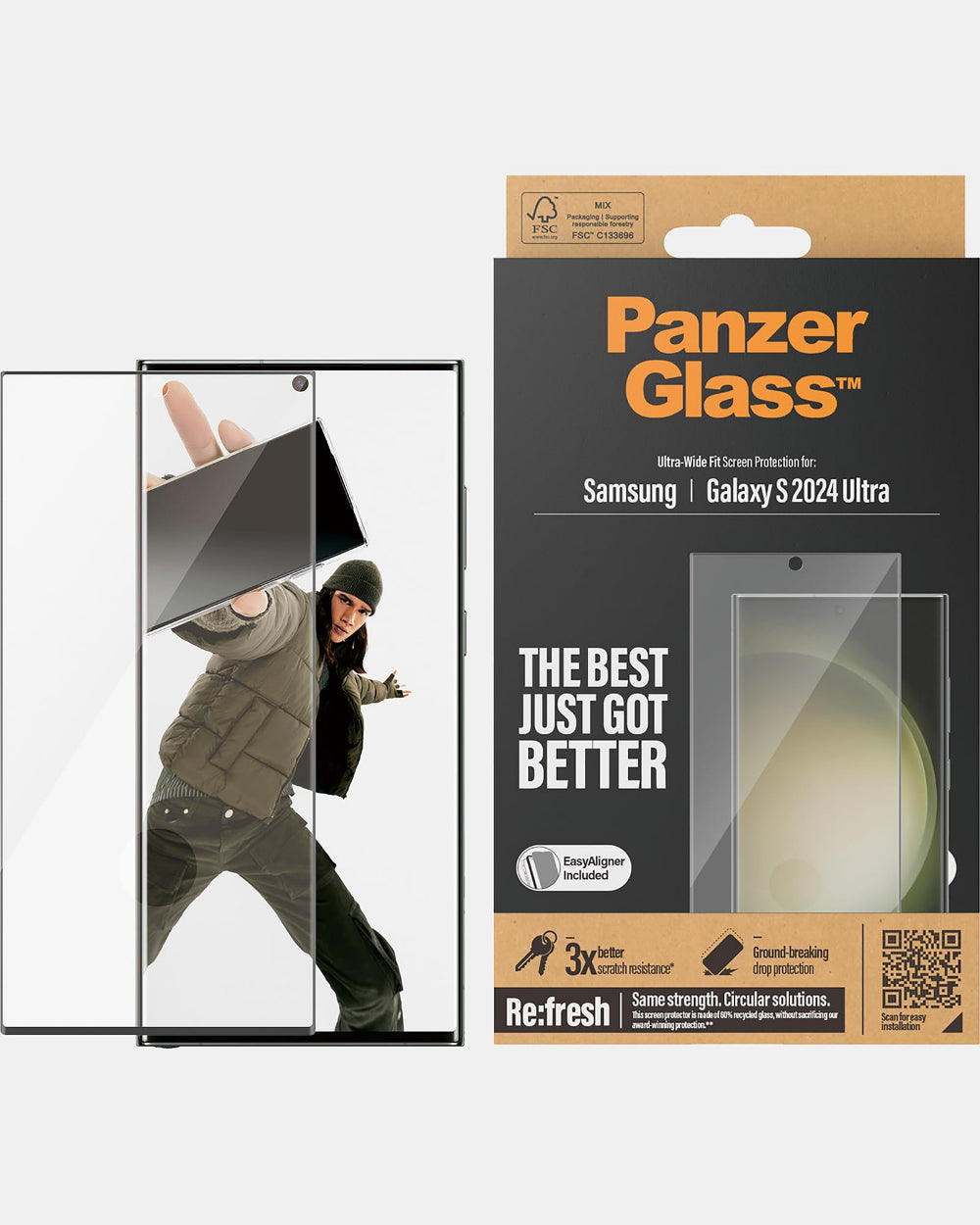 PanzerGlass ULTRA WIDE FIT Screen Protector for Samsung Galaxy S24 Ultra| Edge To Edge Tempered Glass w/ FingerPrint Scan, No Hole, Case Friendly w/ Easy Install Aligner - Clear w/ Black Frame