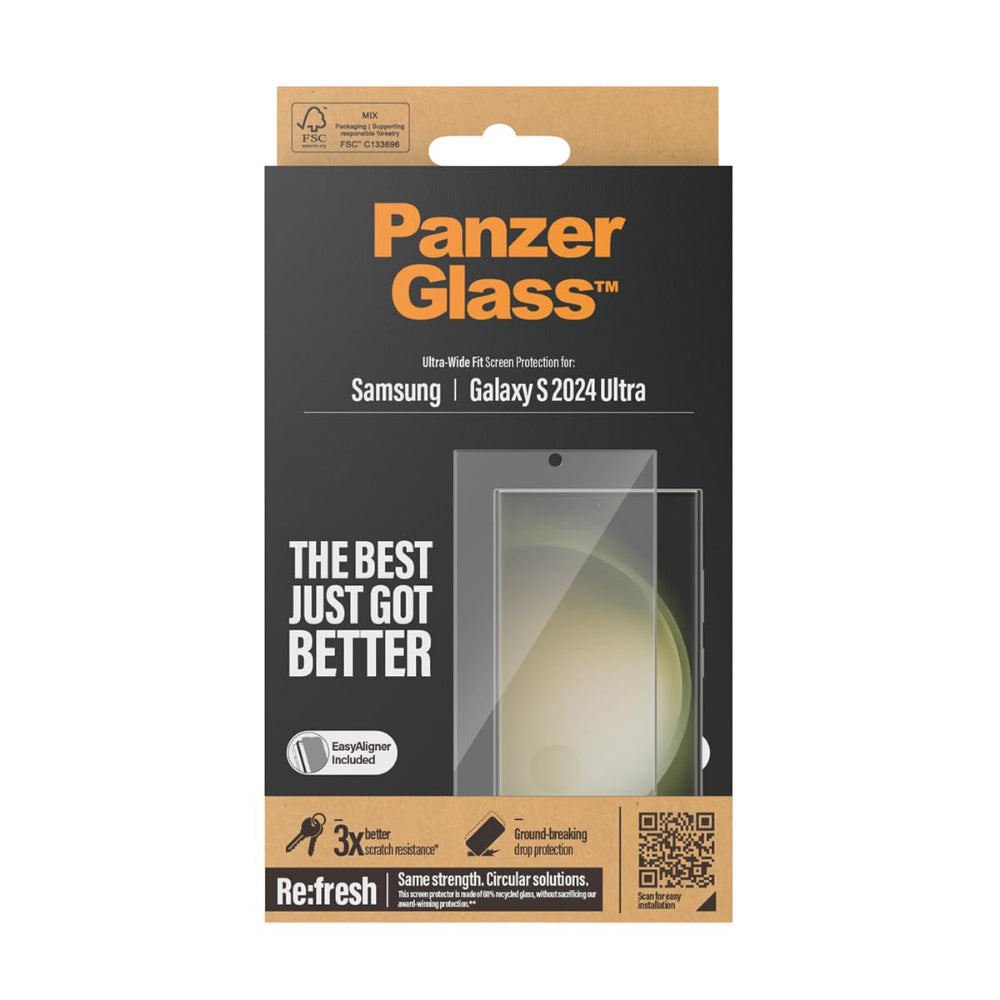 PanzerGlass ULTRA WIDE FIT Screen Protector for Samsung Galaxy S24 Ultra| Edge To Edge Tempered Glass w/ FingerPrint Scan, No Hole, Case Friendly w/ Easy Install Aligner - Clear w/ Black Frame