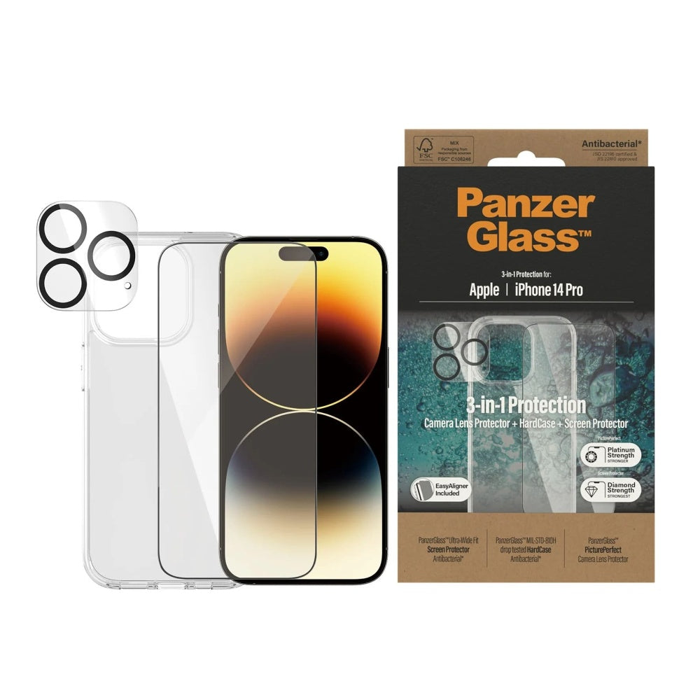 PANZERGLASS iPhone 14 3-in-1 Bundle - Slim ClearCase + Classic Screen Protector + Camera Lens Protector - Clear